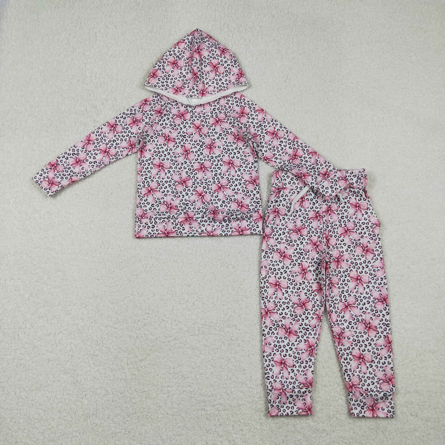 12/18m-7/8t RTS NO MOQ(In Stock) GLP2854 White long-sleeved hooded trousers set with pink and leopard print bow pattern