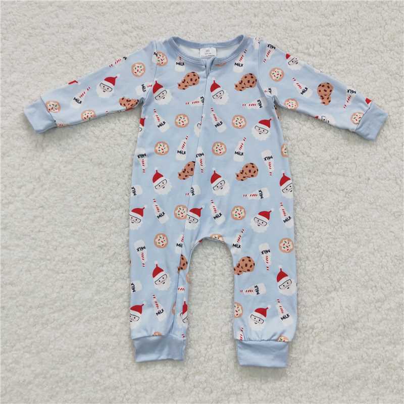 RTS NO MOQ(In Stock ) LR0472 Milk Cookie Santa blue Zipper Long Sleeve Bodysuit