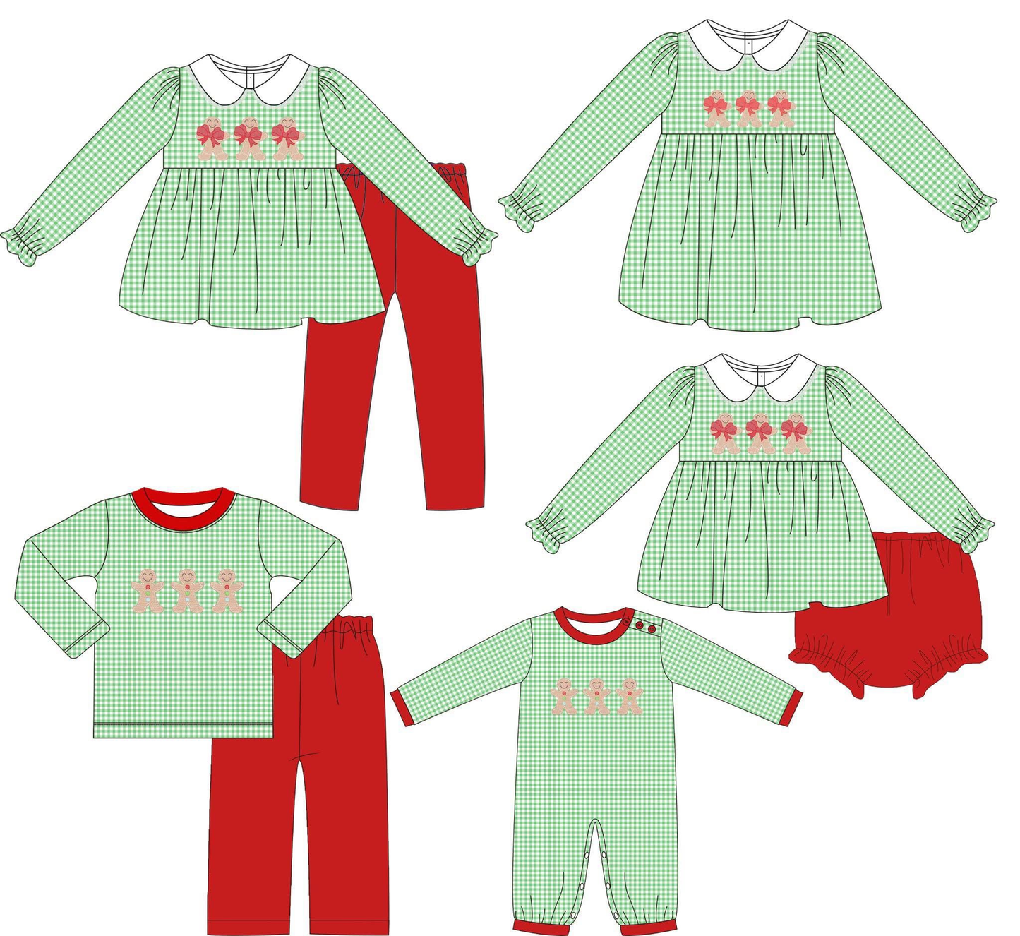 Custom moq 5 each style eta 6-7weeks baby girl clothes Christmas green long sleeve sets and rompers and dress and brief sets