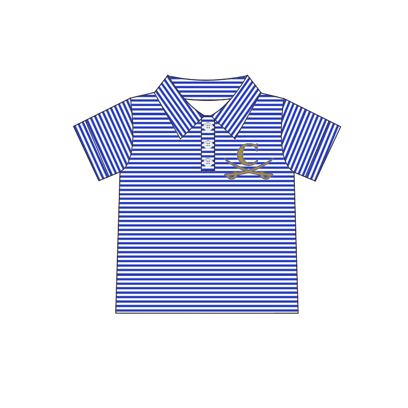 Deadline November 30 custom no moq Summer short-sleeved blue striped letter button top