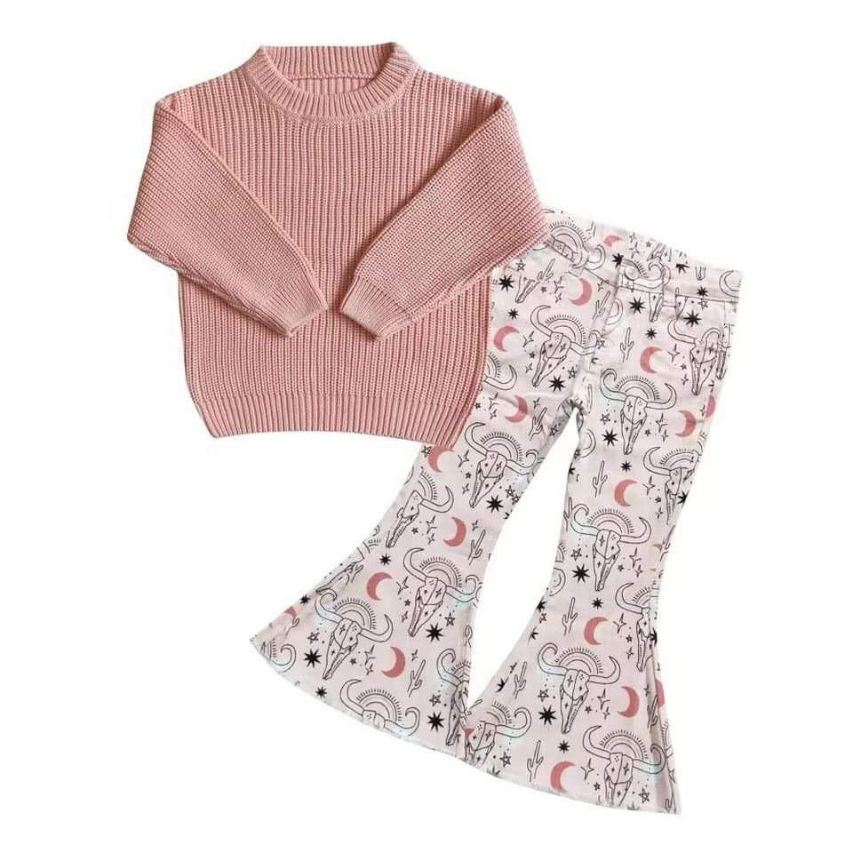 GT0036 pink sweater top+P0226 Alpine Cactus Moon Star Denim Trousers
