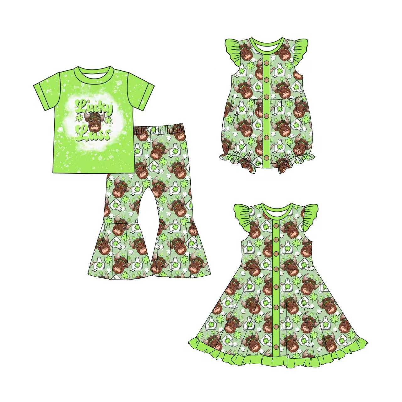 25.11.3 custom each style moq 5 eta 6-8week Sibling Sisters green baby girl short sleeve pants sets and dress and rompers match family design