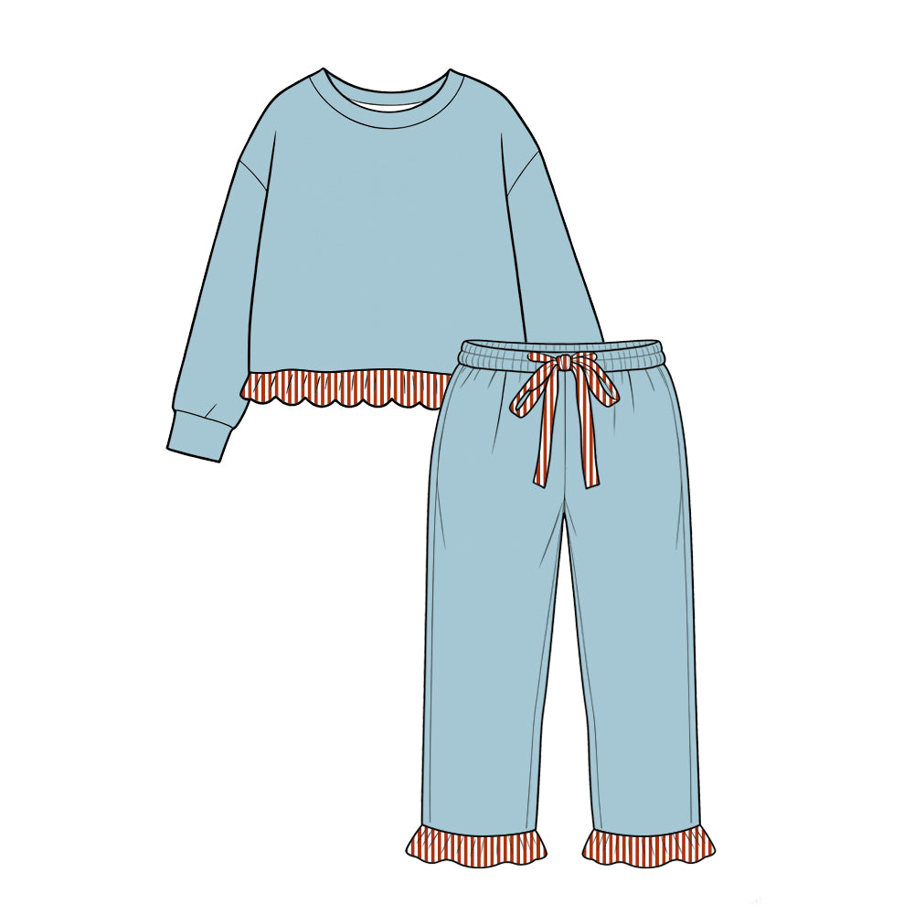 custom moq 5 mix size Baby Girls Light Blue Long Sleeve Top With Striped Ruffle Hem Jogger Pants Casual Outfit