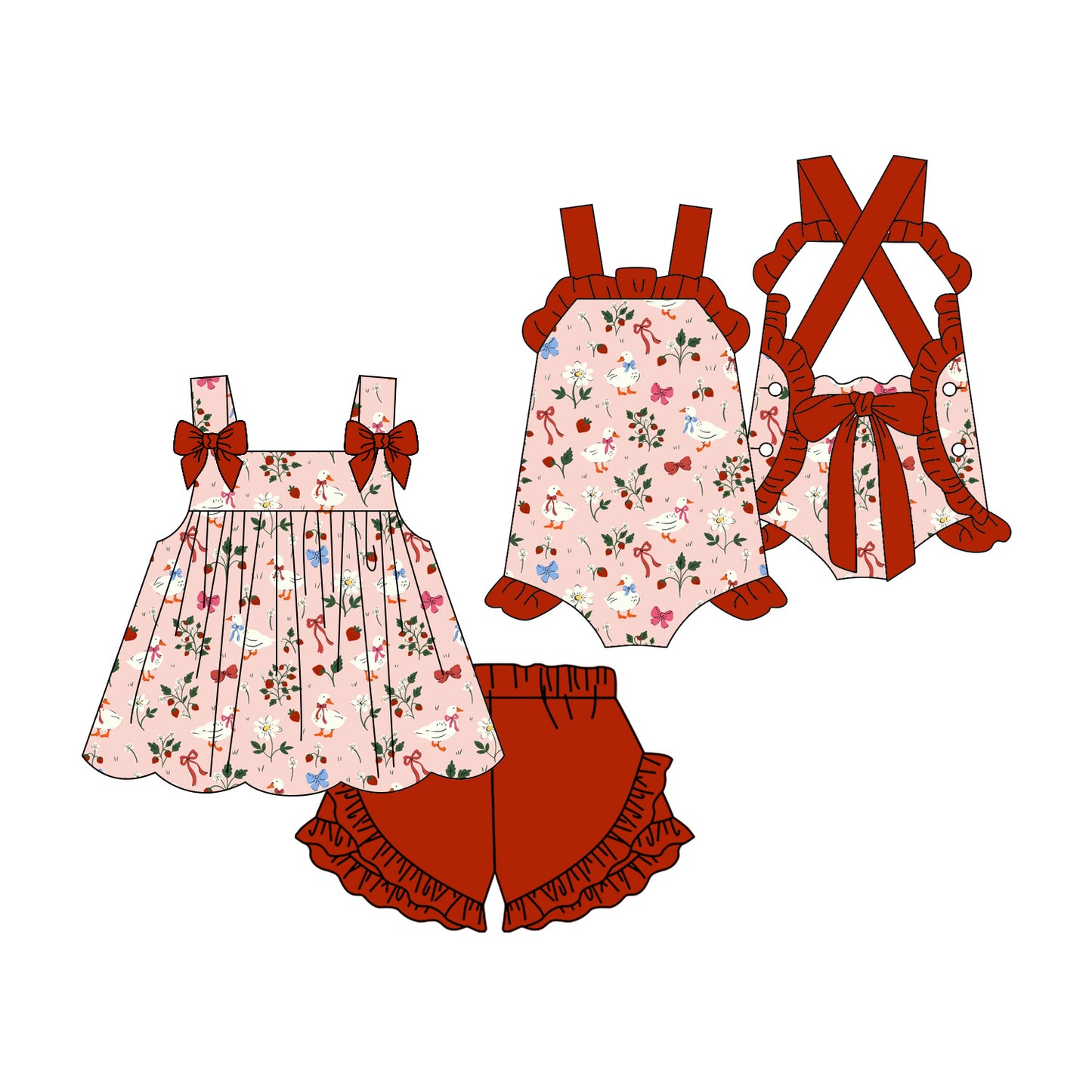 3.3 Custom moq 5 mix size Sibling Baby Girl's Sleeveless Top And red Shorts Set Cute Romper for Summer