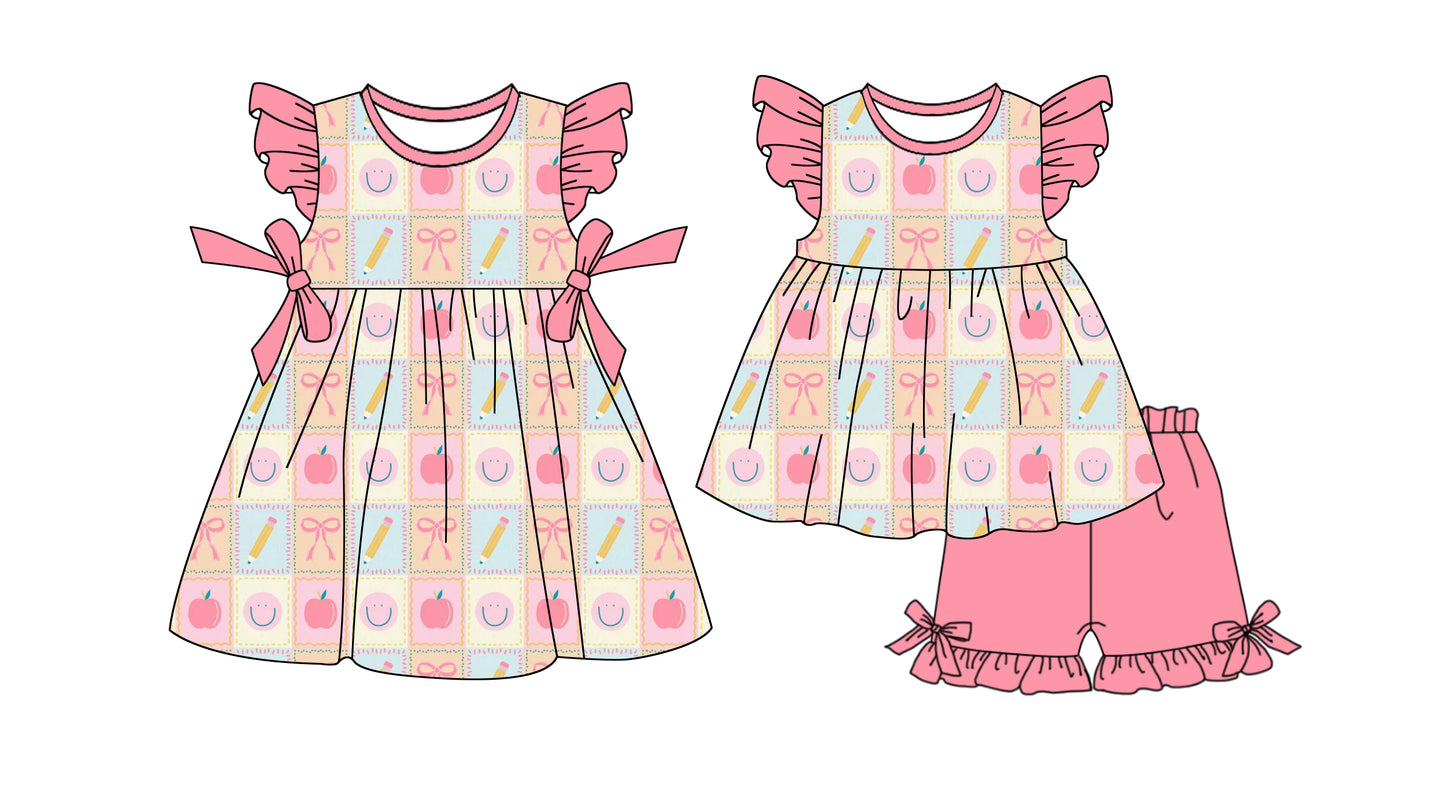 26.1.19 custom each style moq 5 eta 6-8week Sibling Sister bow pencil apple baby short sleeve shorts sets and dress match design