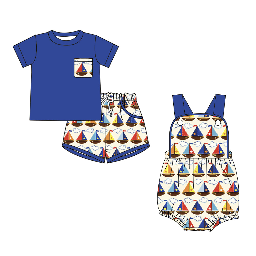 26.1.12 custom each style moq 5 eta 6-8week Sibling Sister boat baby boy short sleeve shorts sets and romper match design
