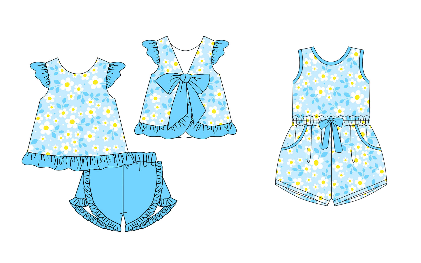 25.11.15 custom each style moq 5 eta 6-8week Sibling Sister floral blue baby short sleeve shorts sets and jumpsuit match design