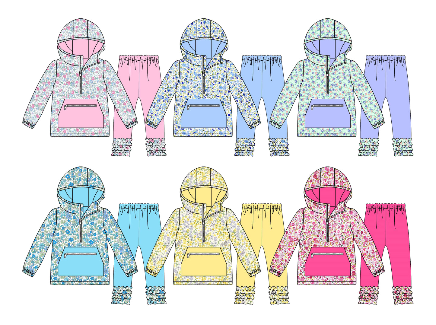 25.11.20 custom each style moq 5 eta 6-8week Sibling Sisters floral baby girl clothes hooded long sleeve pants sets 6 match family design