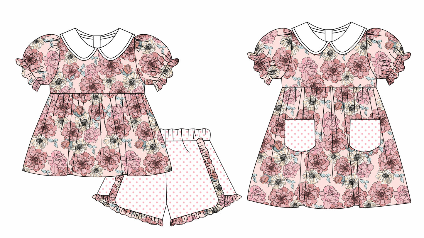 11.3 custom each style moq 5eta 4-6week Sibling Sister floral baby girl short sleeve shorts sets and briefs sets and dresses match design