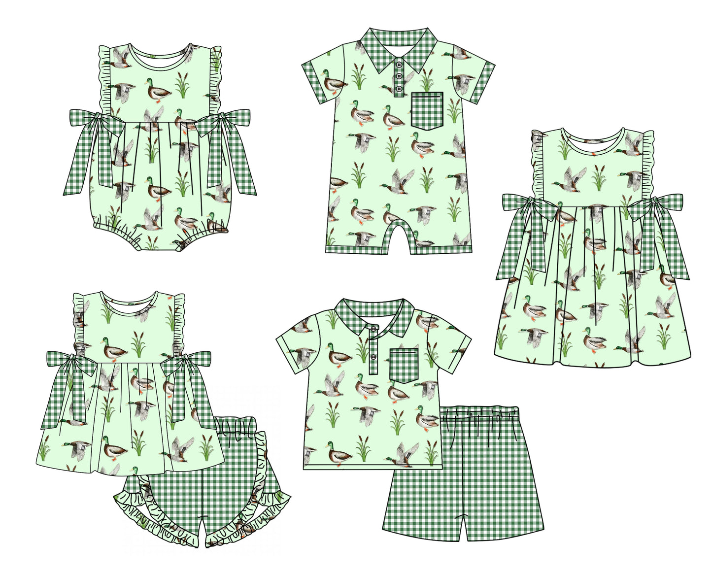 11.15 custom each style moq 5eta 4-6week Sibling Sister duck green baby girl short sleeve shorts sets and sets 2 and girls romper and boy romper and dress match design