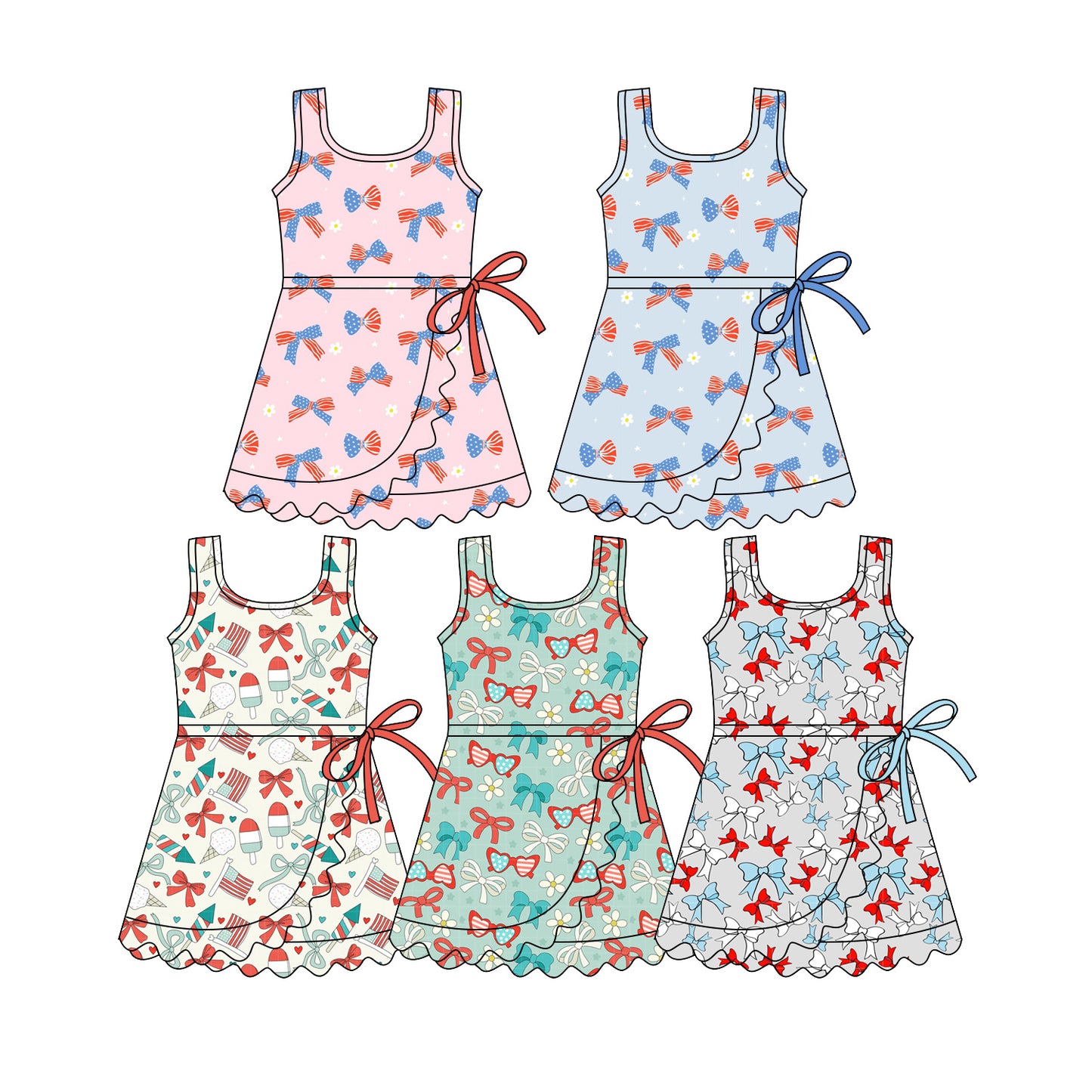 Custom moq 5 mix size Sibling Baby Girls Red and blue bow Print Sleeveless Dress 4th of July Knee Length Dresses