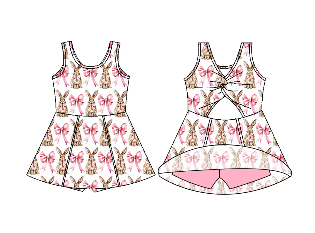 Custom moq 5 mix size Baby Girl Bunny Bow Print Easter Sleeveless Yoga Knee-Length Dress Casual Dress for Toddlers And Kids