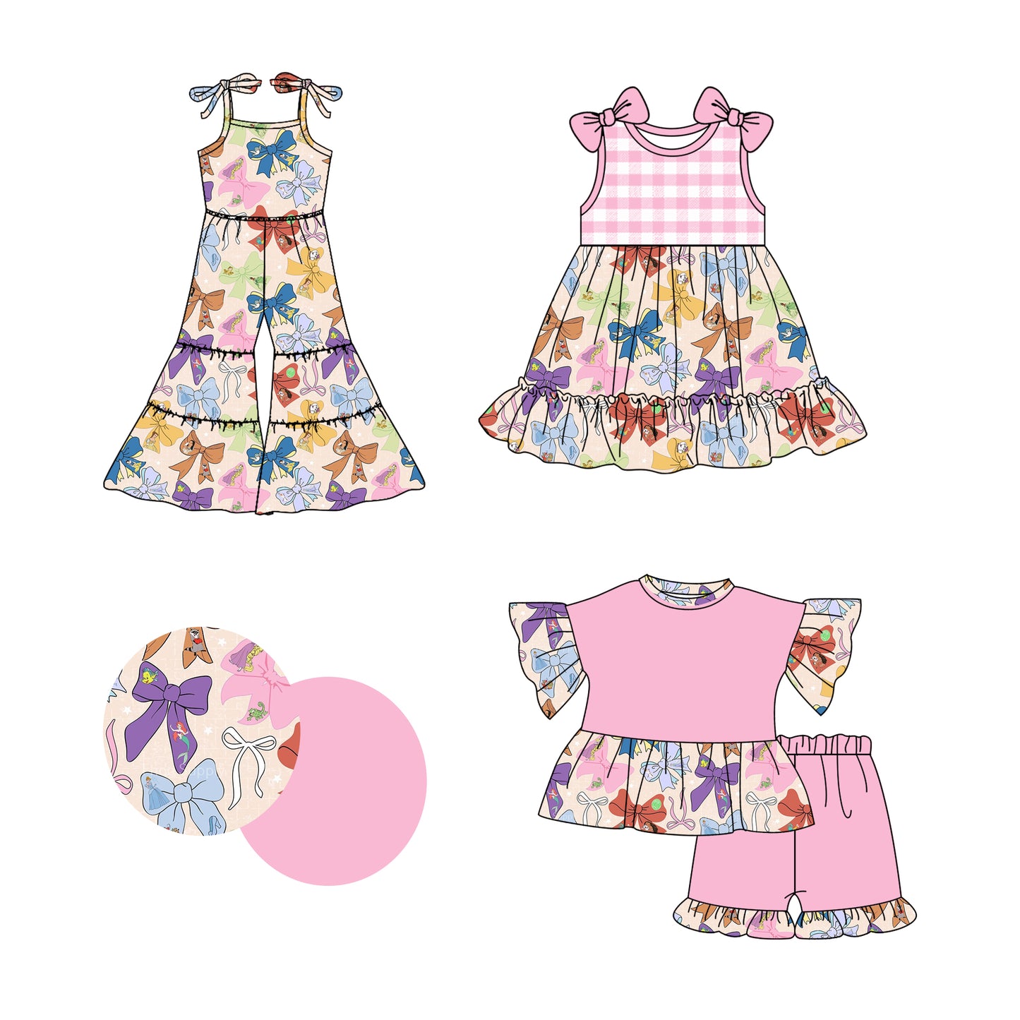 2.22 custom each style moq 5eta 4-6week Sibling Sister bow baby girl sets and dress and jumpsuit match family design