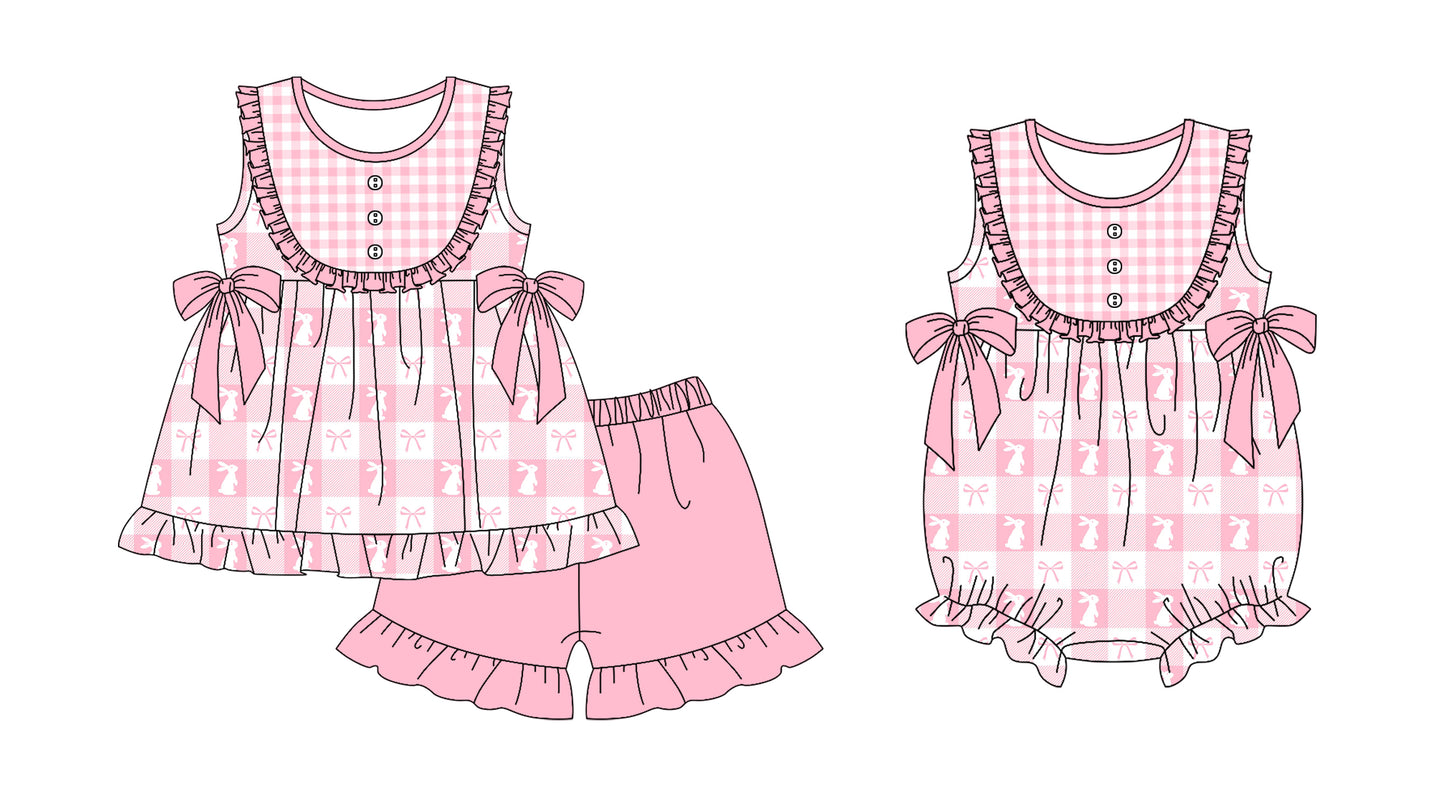 11.19 custom each style moq 5eta 4-6week Sibling Sister rabbit bow baby girl short sleeve shorts sets and rompers match design