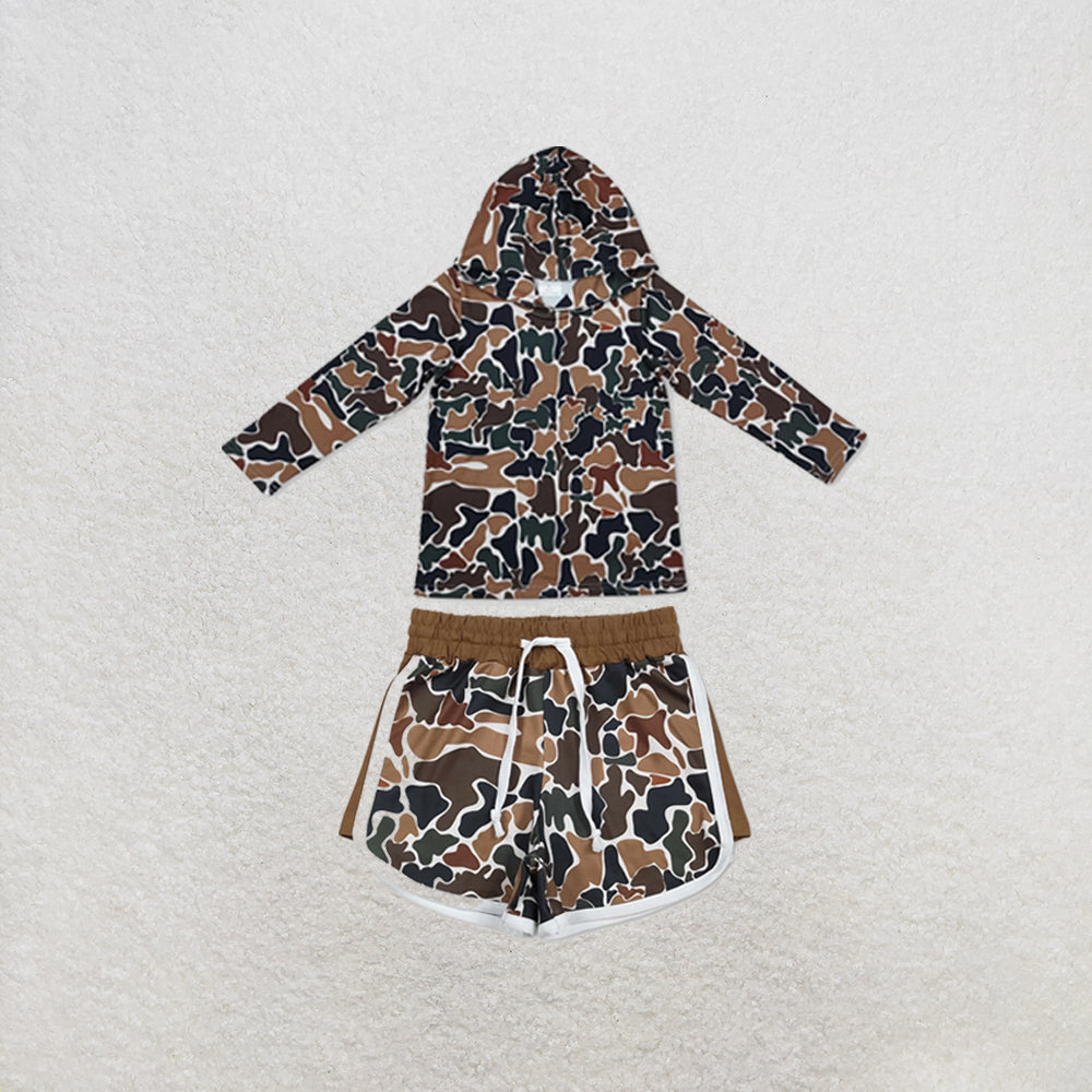 RTS NO MOQ Sibling milk silk Baby Boys Brown Camo Printed Hoodie Top Pocket Short Clothes Set Daily Outfit