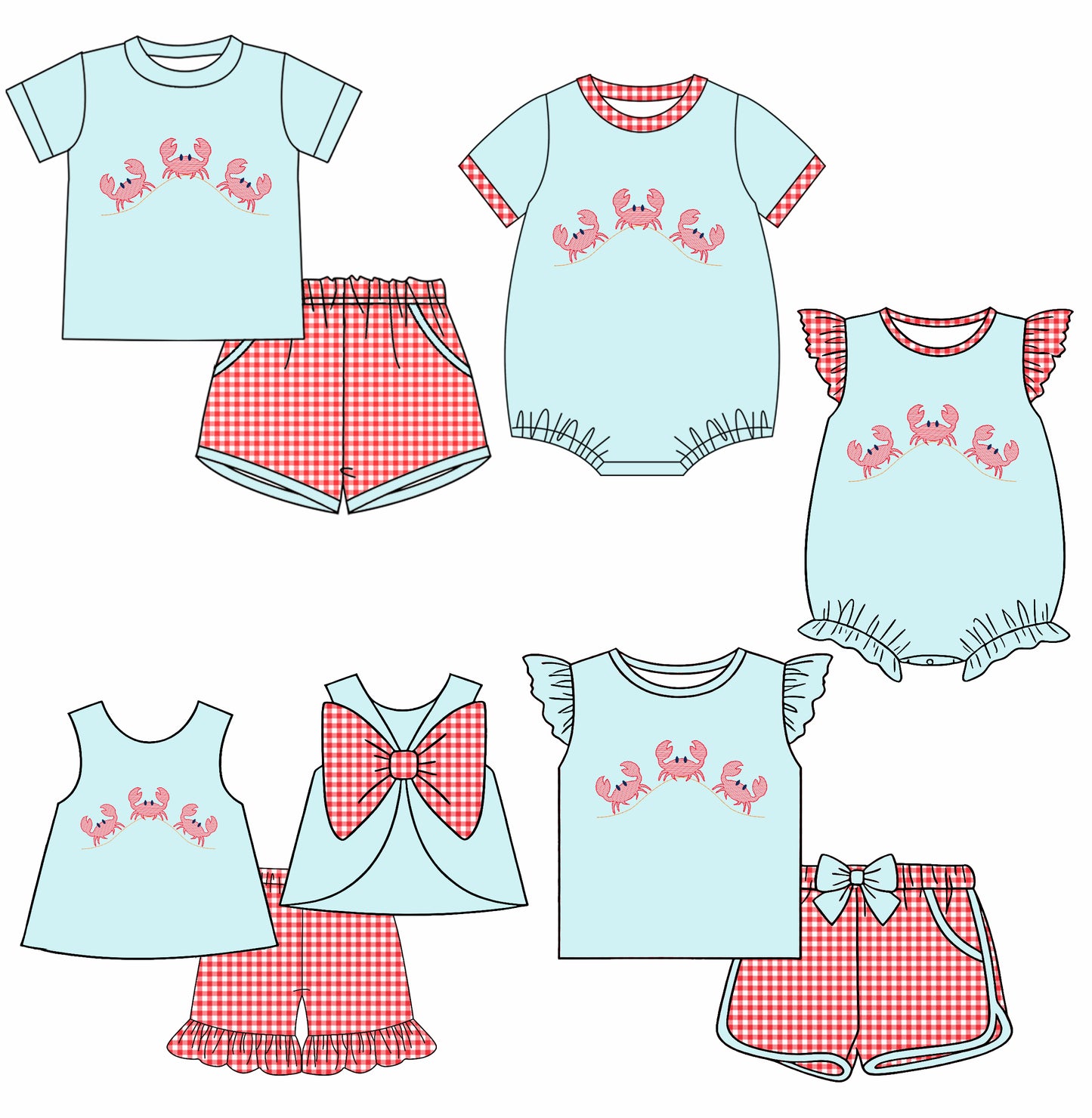 25.12.13 custom each style moq 5 eta 6-8week Sibling Sister crab baby short sleeve shorts sets 3 and romper 2 match design