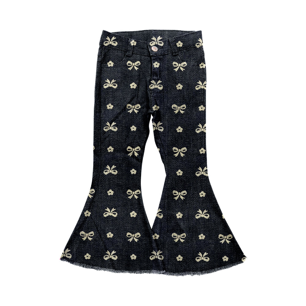 10.2 custom each style moq 5eta 4-6week baby girls clothes bow black bell bottom pant jeans pant