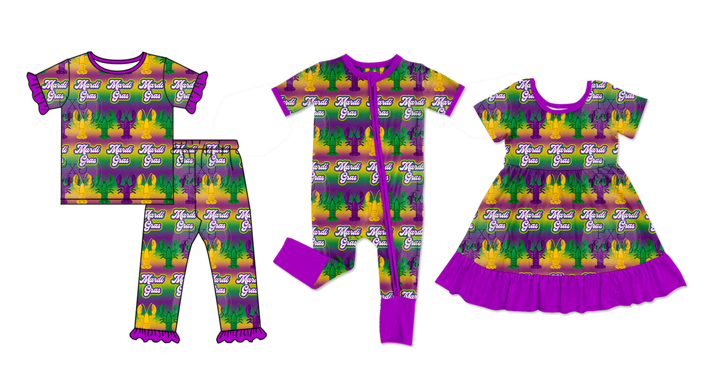 11.28 custom each style moq 5eta 4-6week Sibling Sister MARDI GRAS crayfish baby girl sets and dress and rompers match family design