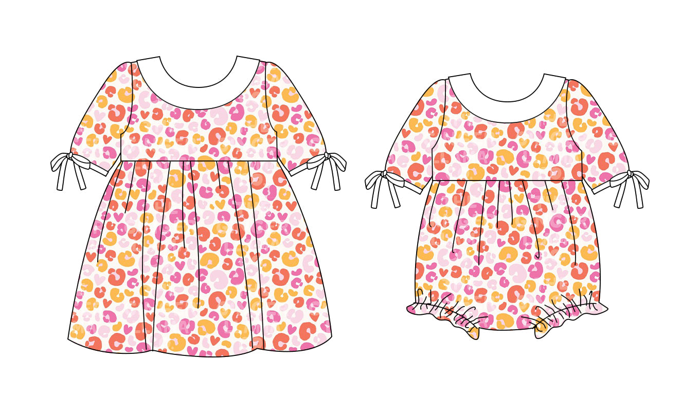 25.10.3 custom each style moq 8 eta 6-8week Sibling Sisters leopard baby girl short sleeve dress and rompers match family design