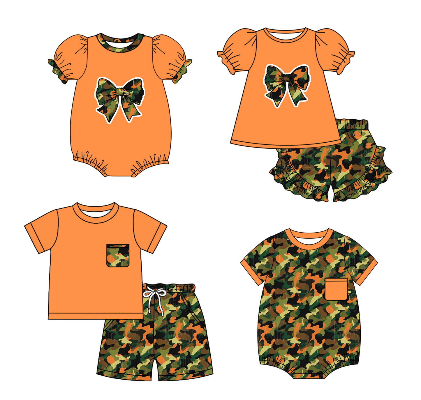 25.11.14 custom each style moq 5 eta 6-8week Sibling Sister camouflage bow baby short sleeve shorts sets 2 and romper 2 match design