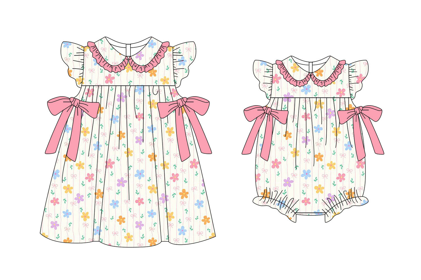 3.6 Custom moq 5 mix size Sibling Baby Girl's Pink Floral Print Dress with Flutter Sleeves And Bow Matching Romper Set