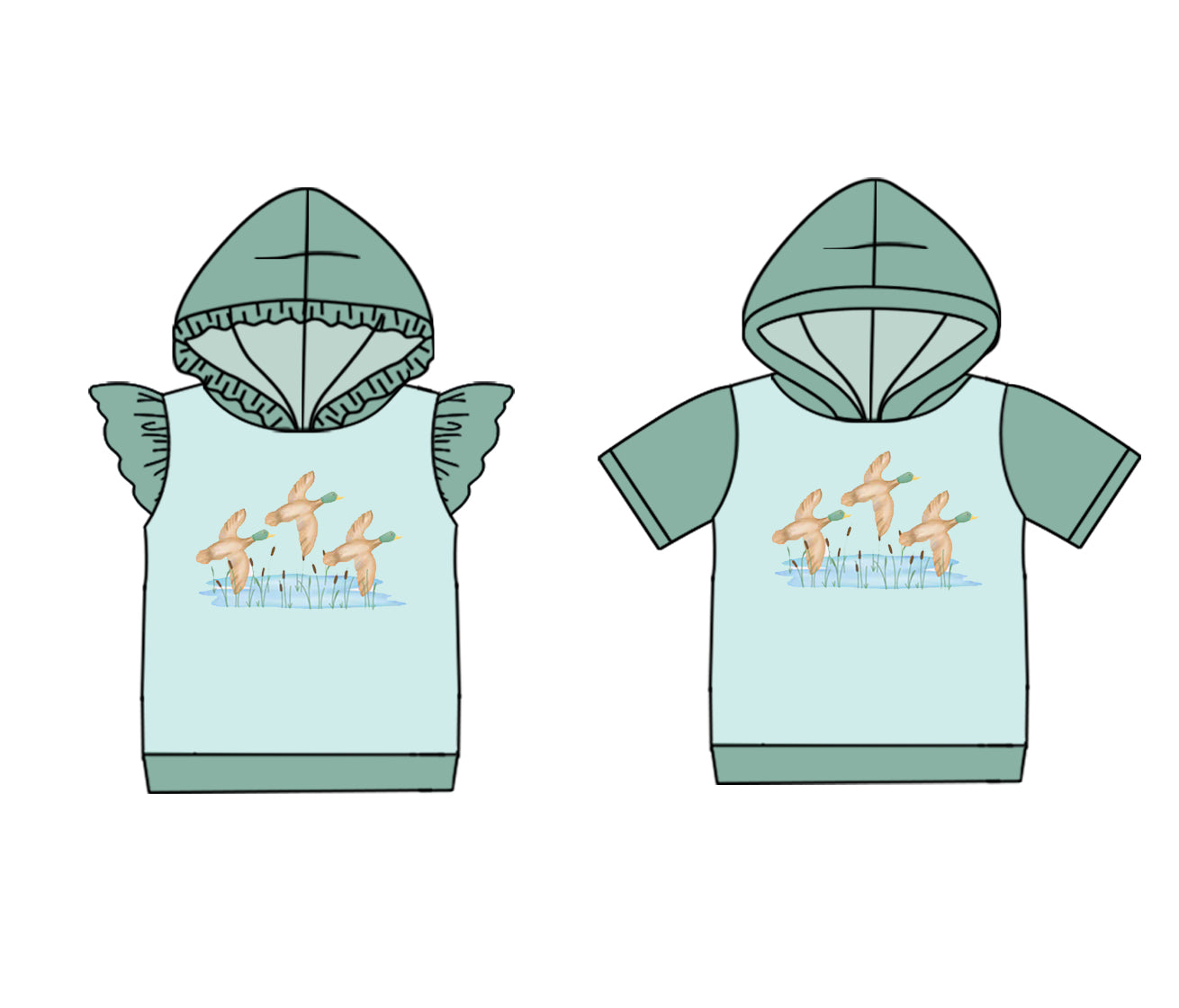 25.10.30 custom each style moq 8 eta 6-8week Sibling Sisters duck baby girl hooded short sleeve top 2 match family design