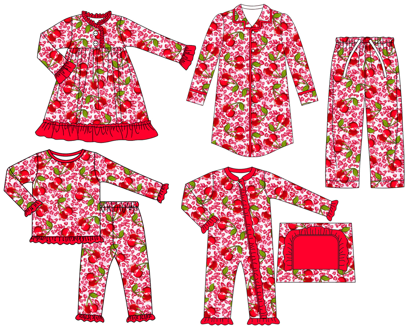 25.6.27 custom each style moq 5eta 4-6week Sibling Sisters cherry leopard baby boy long sleeve pants sets and adult top and adult pants and romper and dress match family design