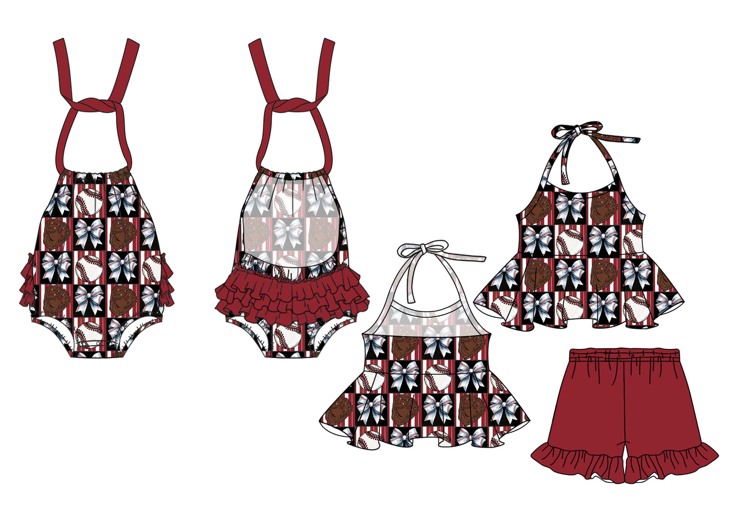 2.19 custom each style moq 5eta 4-6week Sibling Sister bow baseball baby girls short sleeve shorts sets and romper match design