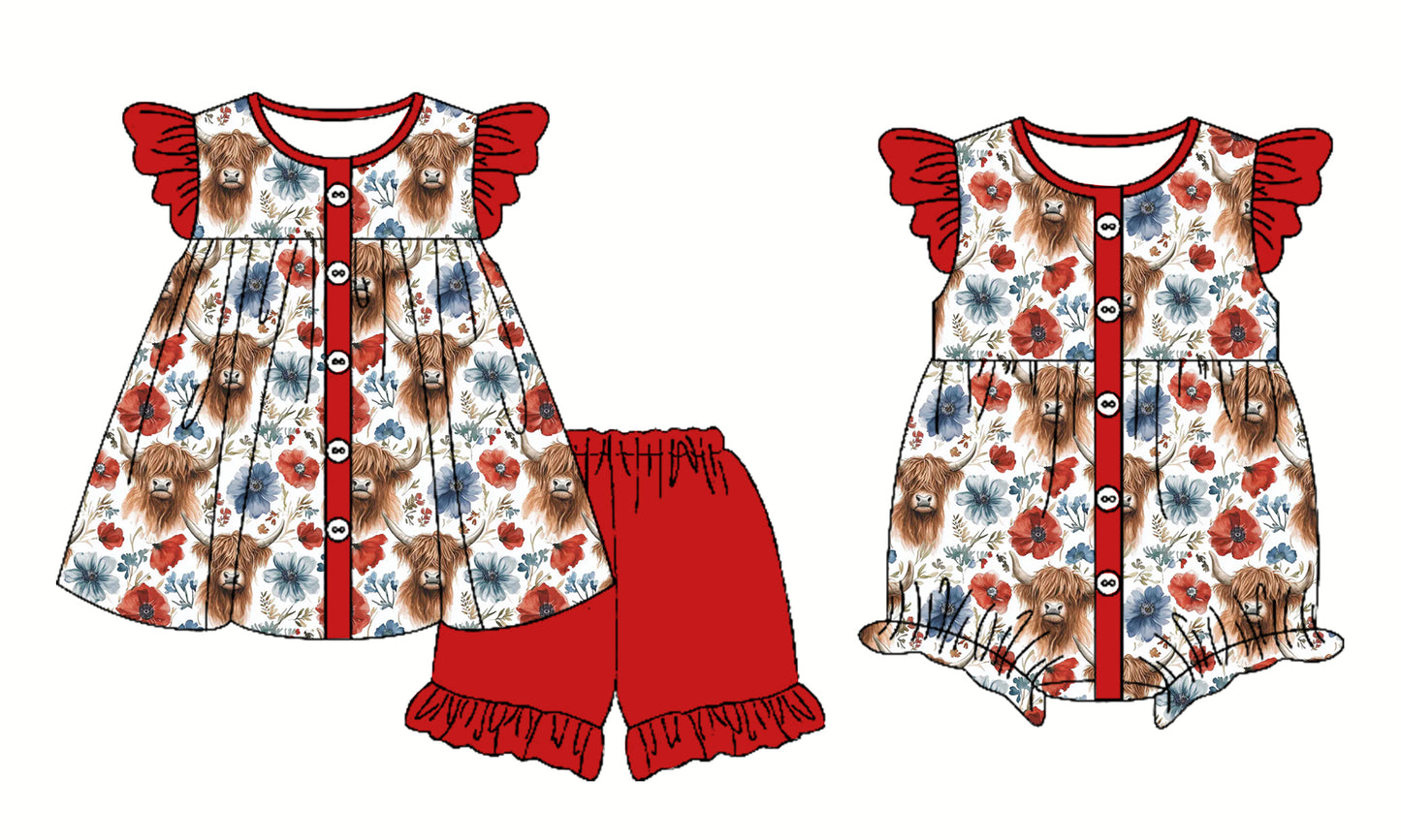 2.26 custom each style moq 5eta 4-6week Sibling Sister alpine head floral baby girl short sleeve shorts sets and romper match design