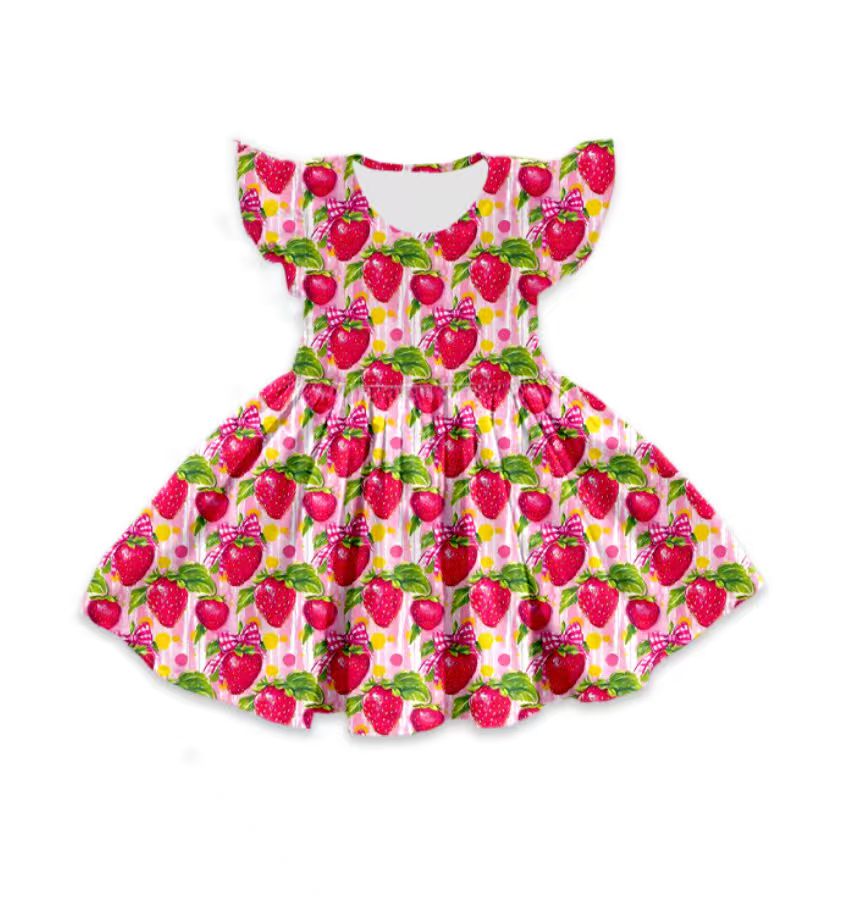 Custom moq 5 mix size milk silk baby girl clothes strawberry flying sleeve shorts sets and dresses 2