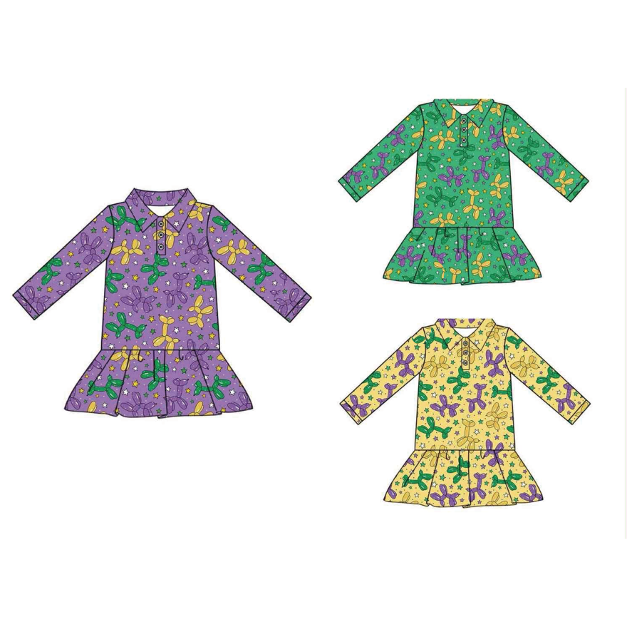 custom each style moq 5 eta 4-6week Sibling Sisters mardi gras bow baby girl long sleeve dress 3-25.8.12