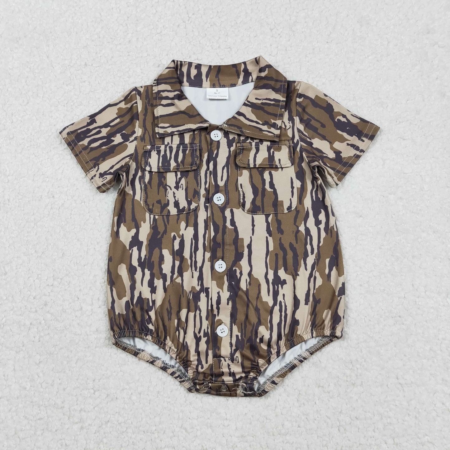 RTS NO MOQ(In Stock) Army Green Camouflage Pocket Button-Up Collar Short-Sleeve Jumpsuit