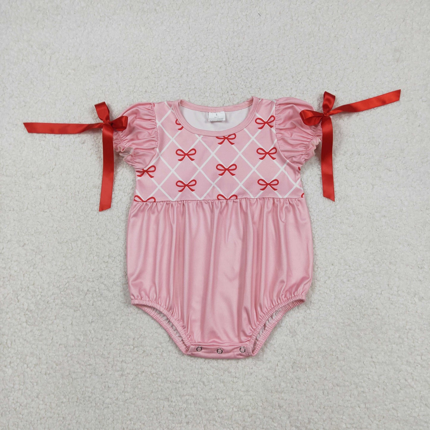RTS NO MOQ(In Stock) Bow Pattern Check Pink Lace Short-Sleeve Jumpsuit