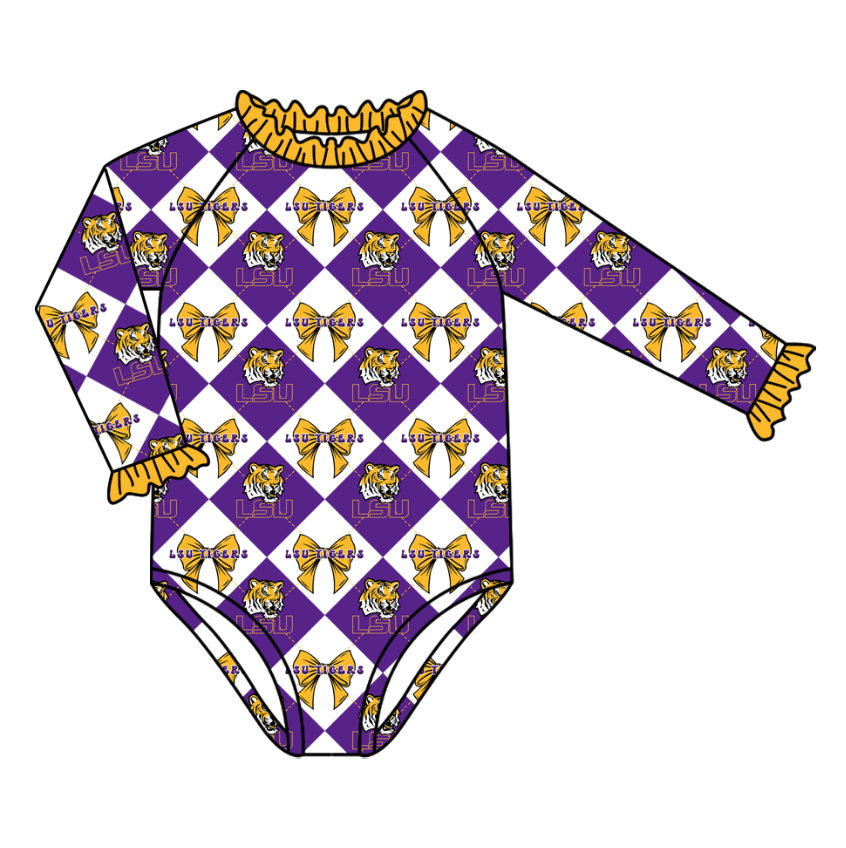 Custom moq 5 mix size Purple swim fabric Checkered team swimsuits girls swim