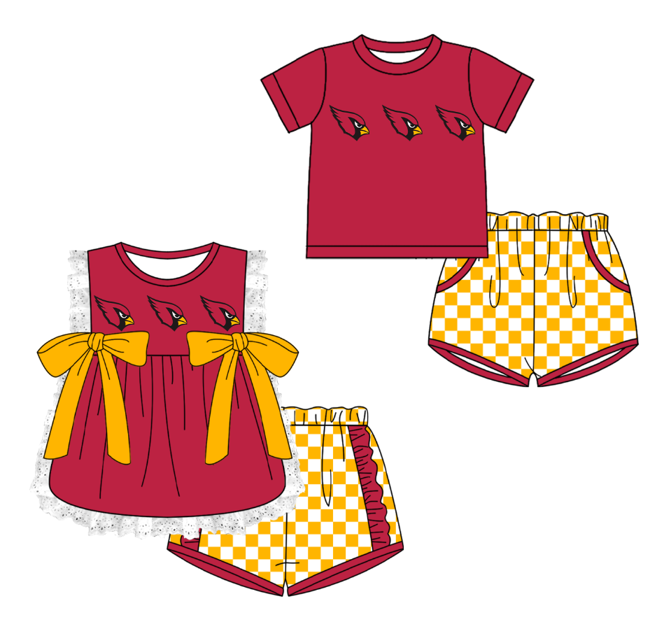 Custom moq 5 mix size milk silk summer teams Red Girl Sleeveless Top And Plaid Shorts Set with Bow Boy Short Sleeved Top And Plaid Shorts Set