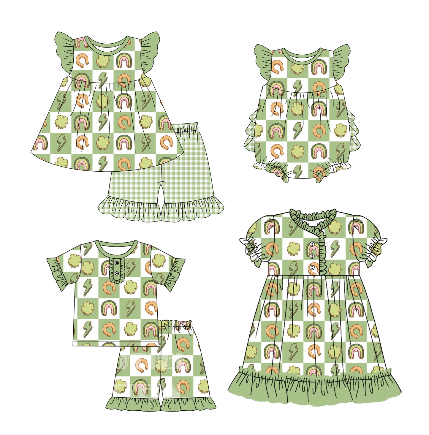 12.10 custom each style moq 5eta 4-6week Sibling Sister green baby girl short sleeve shorts sets and sets 2 and girls romper and boy romper and dress match design