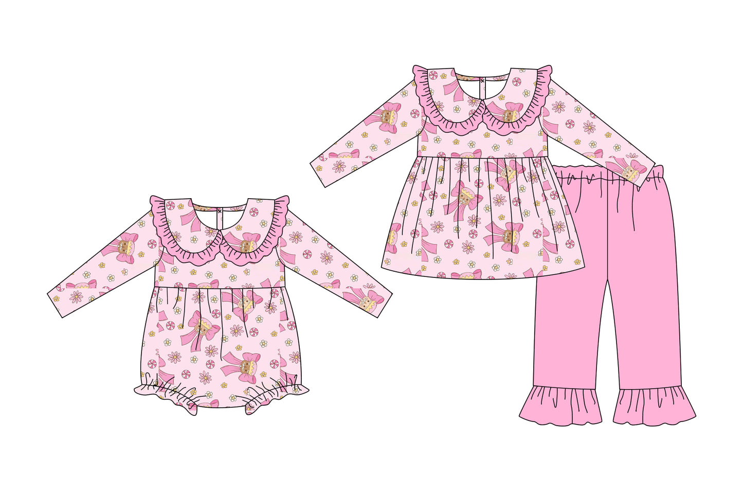 25.6.30 custom each style moq 5eta 4-6week Sibling Sisters Christmas bow pink baby girl long sleeve pants sets and rompers match family design