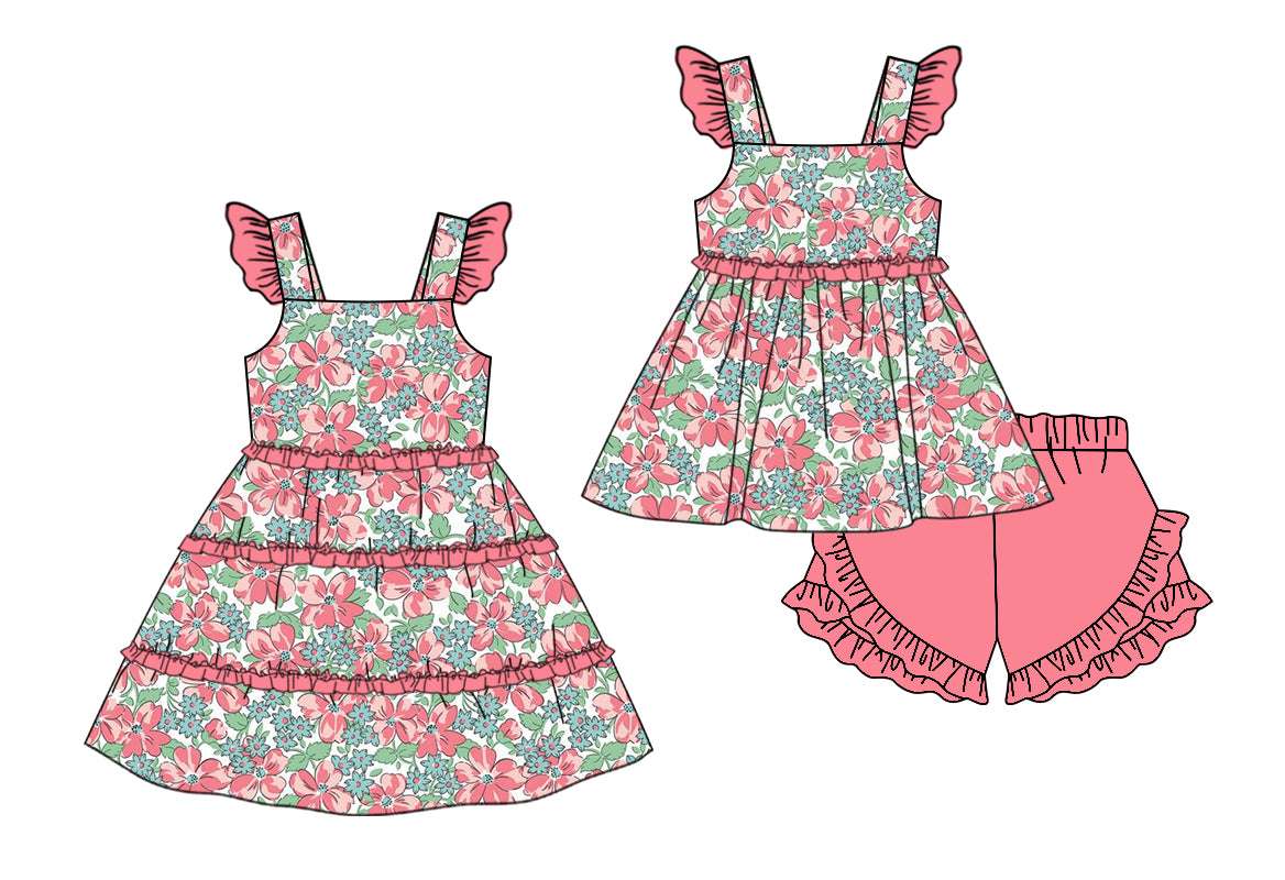 11.13 custom each style moq 5eta 4-6week Sibling Sister floral baby girl short sleeve shorts sets and dresses match design