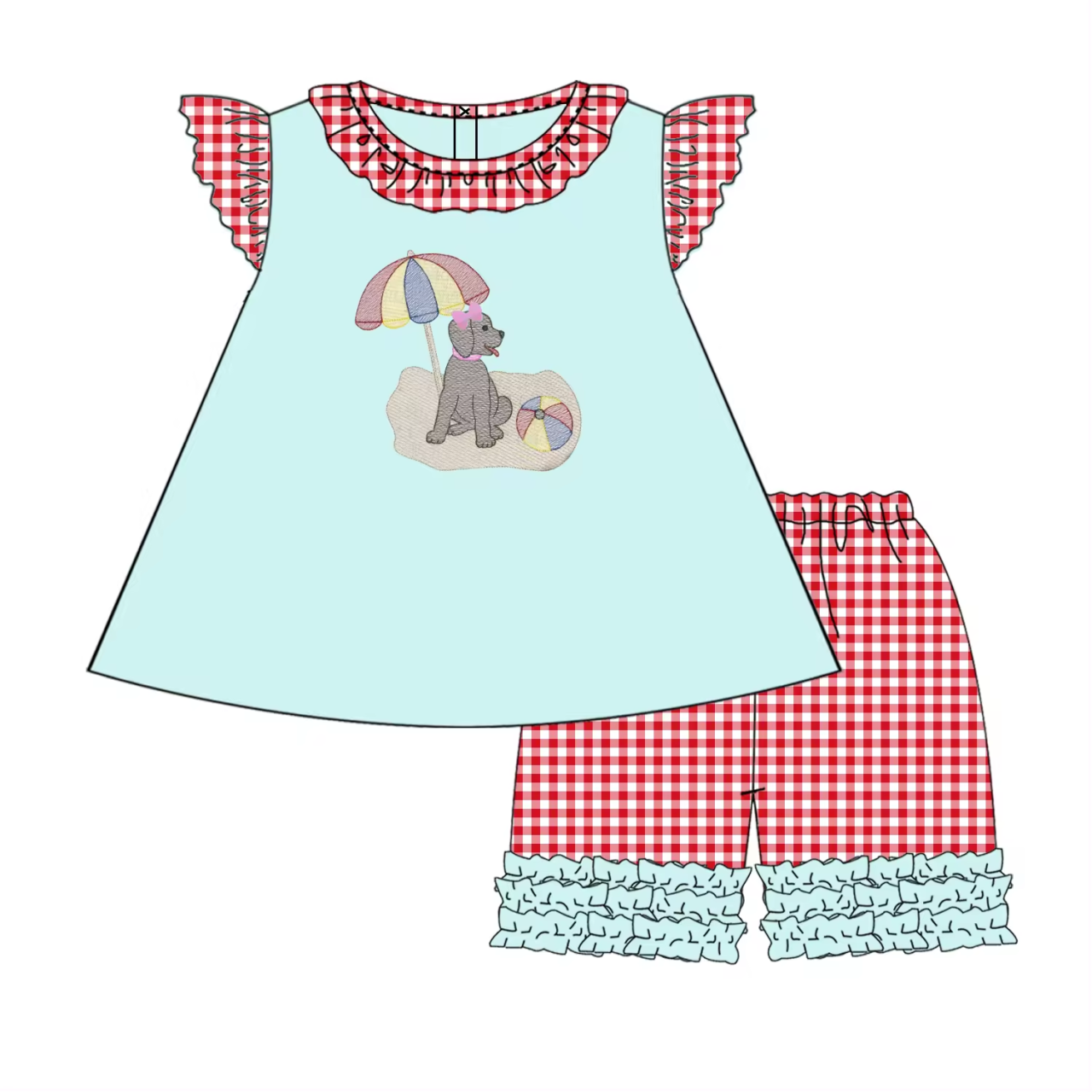 5.21custom each style moq 5eta 4-5week Sibling Sister beach puppy print red plaid blue girls and boys outfits and baby romper match family design