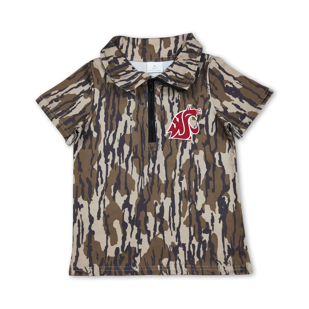 Custom moq 5 mix size milk silk summer teams Baby Boys Short Sleeve Camo Zipper Pullovers Top