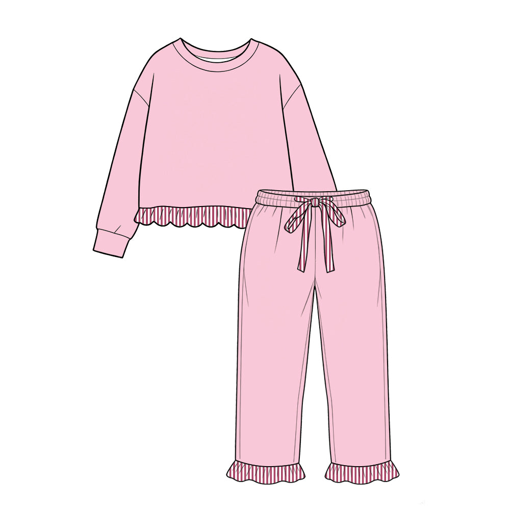 custom moq 5 mix size Baby Girls Pink Long Sleeve Top With Striped Ruffle Hem Jogger Pants Casual Outfit