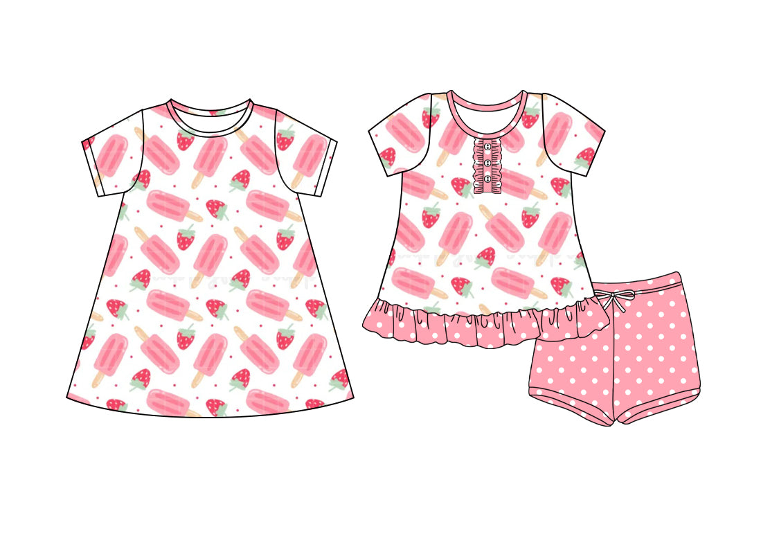 4.7 custom each style moq 5eta 4-6week Sibling Sister ice cream strawberry baby girl short sleeve shorts sets and dresses match design