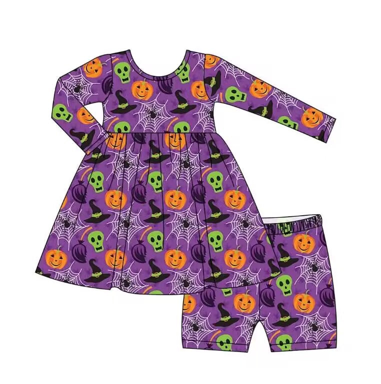 5.9custom each style moq 5eta 4-5week Sibling Sister Halloween pumpkin prints gray girls and boys outfits and baby rompers match family design