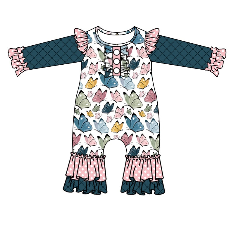 5.9custom each style moq 5eta 4-5week Sibling Sister Butterfly print pink dot green girls set and baby romper match family design