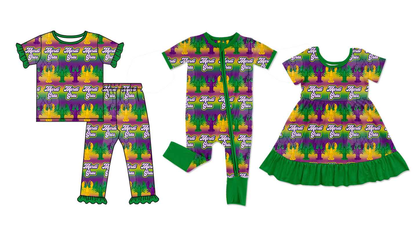 11.28 custom each style moq 5eta 4-6week Sibling Sister MARDI GRAS crayfish baby girl sets and dress and rompers match family design