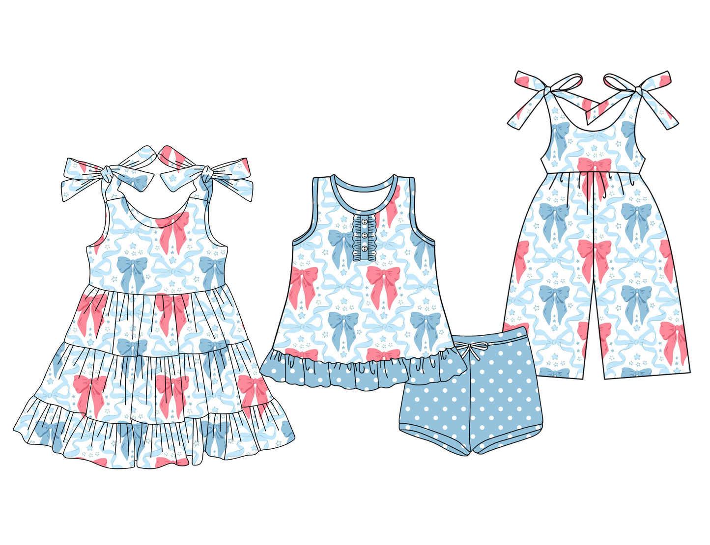 3.14 custom each style moq 5eta 4-6week Sibling Sister bow baby girl short sleeve shorts sets and dresses and jumpsuit match design