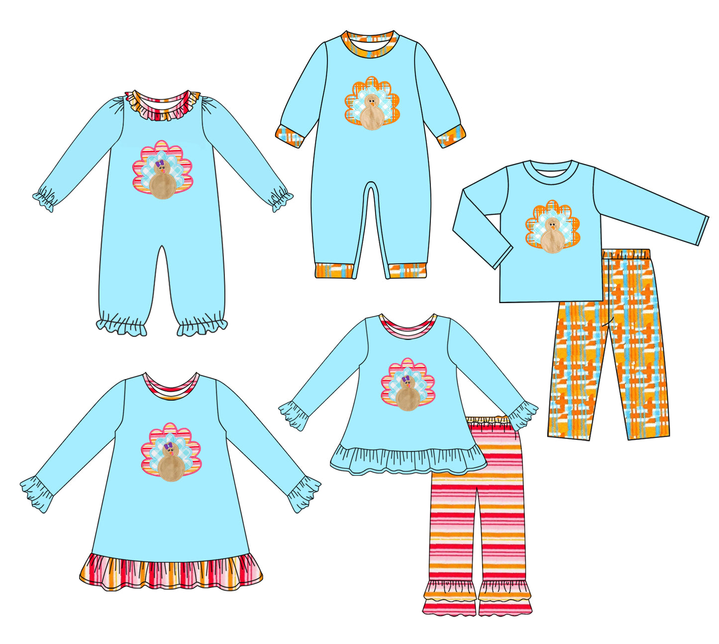 25.7.16 custom each style moq 5 eta 4-6week Sibling Sisters turkey baby girl long sleeve pants sets 1 and sets 2 and romper 1 and romper 2 and dress match family design