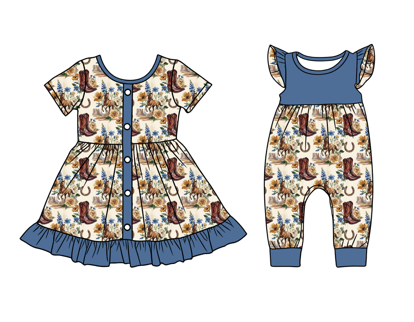 26.1.22 custom each style moq 5 eta 6-8week Sibling Sister horse floral baby short sleeve romper and dress match design