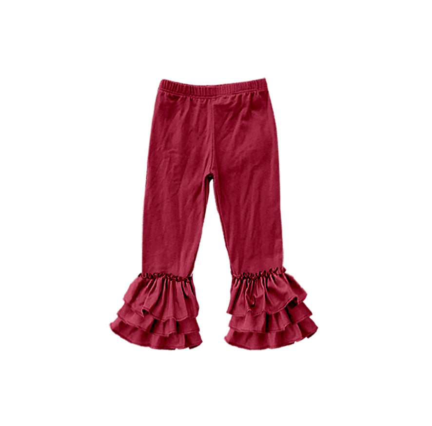 custom moq 5 girls icing cotton pants Burgundy three-tiered ruffled trousers