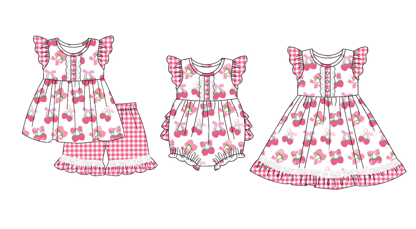11.9 custom each style moq 5eta 4-6week Sibling Sister strawberry bow baby girl short sleeve shorts sets and dress and rompers match family design